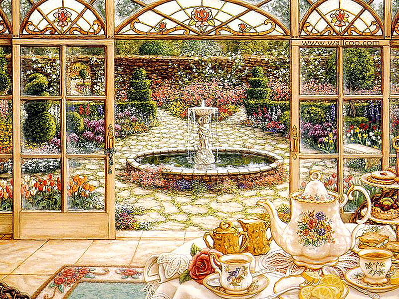 Welcome to my garden, patio, table, fountain, trees, tea, flowers, color, garden, trellis, snacks, HD wallpaper