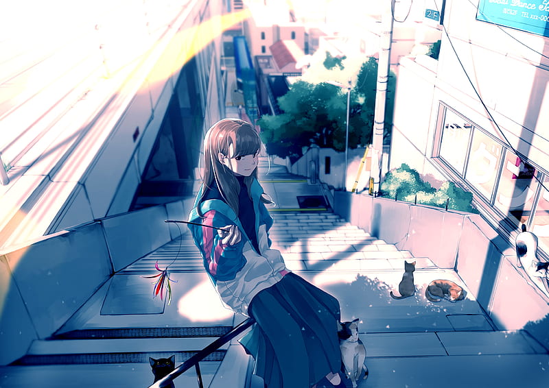 anime girl, stairs, cats, brown hair, Anime, HD wallpaper