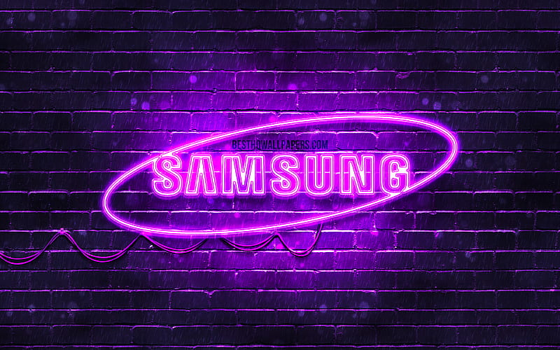 Samsung violet logo violet brickwall, Samsung logo, brands, Samsung neon logo, Samsung, HD wallpaper