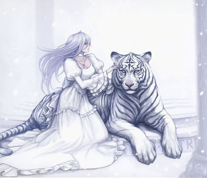 Snow White Story, cool, girl, anime, tiger, white, HD wallpaper