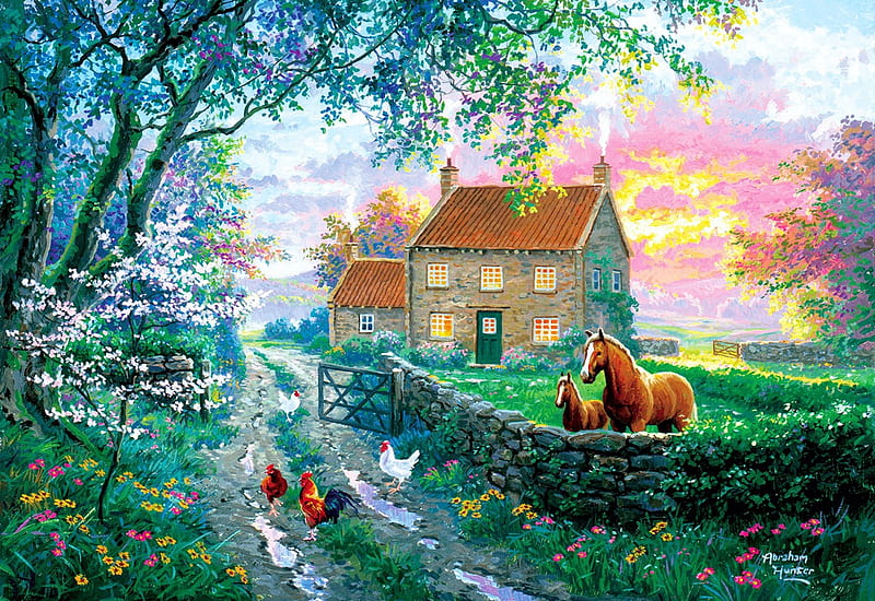 English Farm Life, artwork, horse, poultry, painting, hedge, house, trees, foal, HD wallpaper