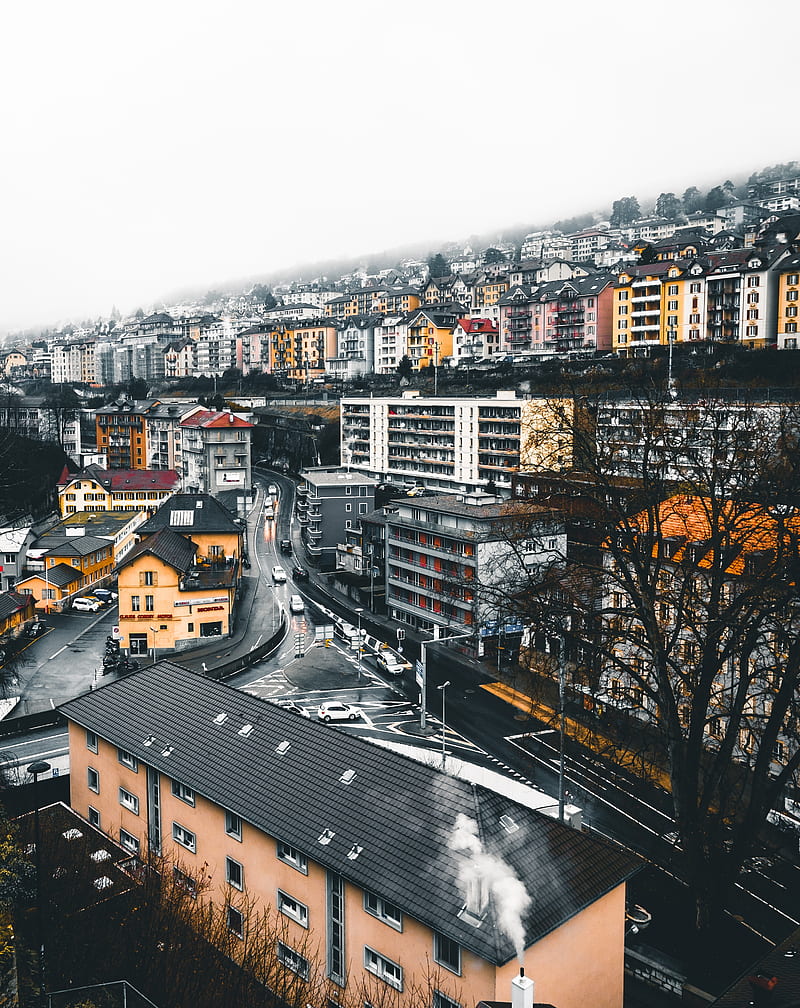 houses, aerial view, city, street, buildings, neuchatel, switzerland, HD phone wallpaper