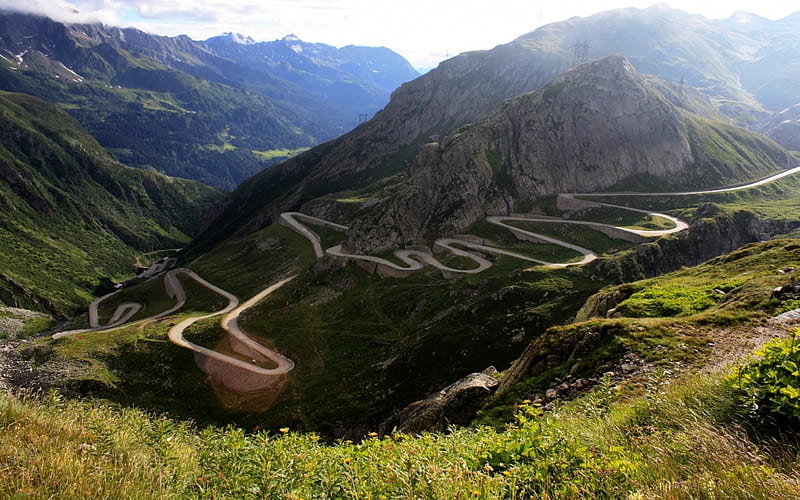 serpentine road in gotthard pass in switzerland, serpentine, road, valley, mountains, HD wallpaper