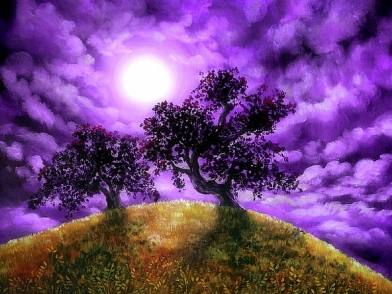 Dreaming of Oak Trees, moons, oak trees, lovely still life, draw and paint, love four seasons, trees, sky, clouds, paintings, HD wallpaper