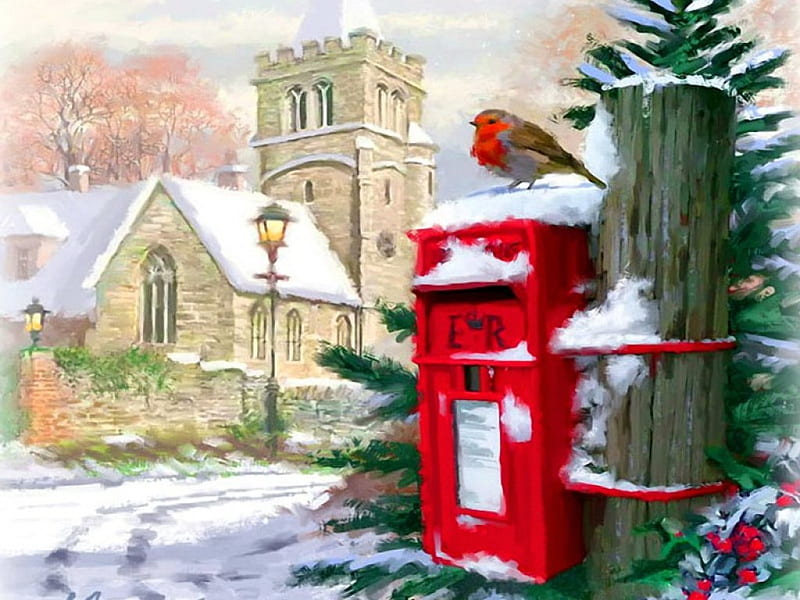 Meet winter, art, christmas, houses, meet, bonito, winter, bird, snow, painting, peaceful, village, mailbox, frost, HD wallpaper