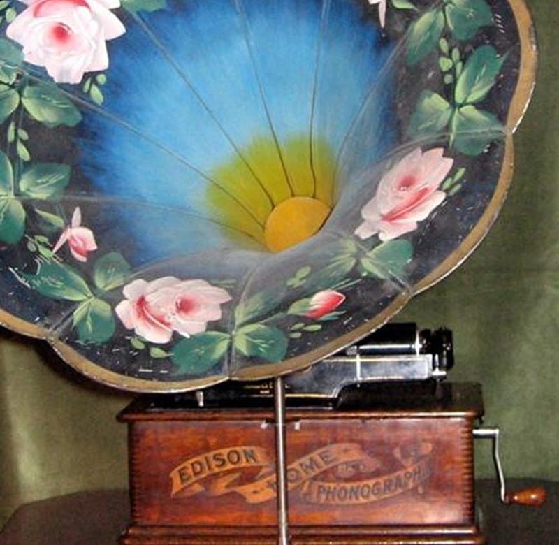 old gramophone, antique, gramophone, flowers, bonito, valuable, funnel, old, HD wallpaper