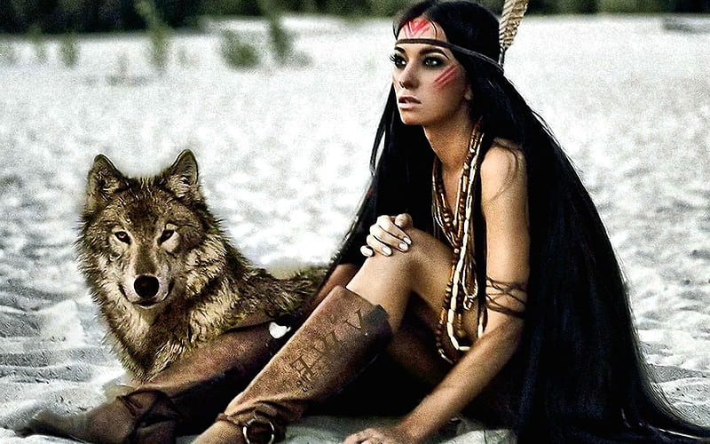 Native American Friendship, wolf, snow, girl, winter, digital, HD wallpaper