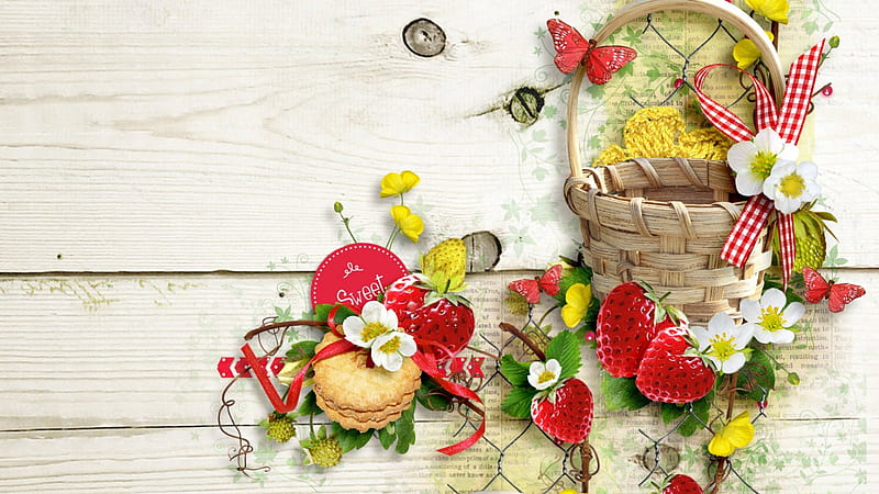 Strawberry Season, ribbon, butterflies, fruit, cookies, basket, summer, flowers, strawberries, wire, blooms, wood, HD wallpaper