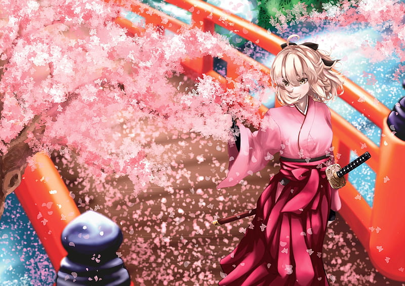 sakura saber, fate series, cherry blossom, traditional clothes, bridge, Anime, HD wallpaper