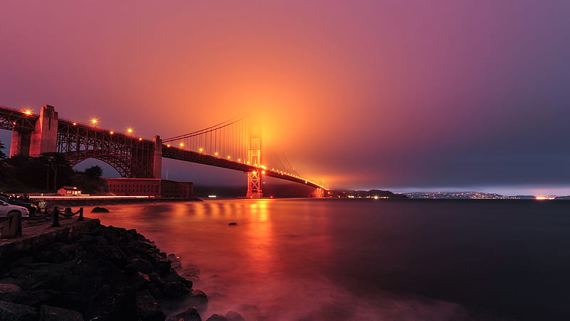 bridge, night, fog, backlight, bay, golden gate bridge, san francisco, usa, HD wallpaper