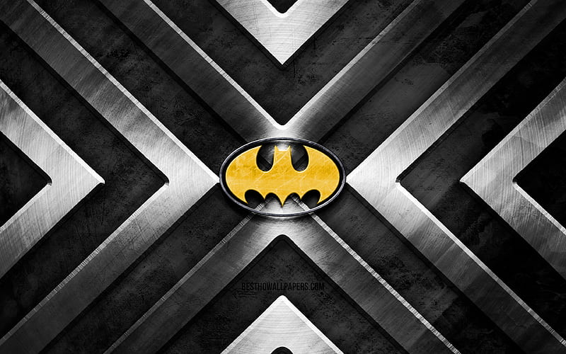 Batman metal logo, gray metal background, metal arrows, Batman logo, Bat-man, superheroes, creative, Batman, HD wallpaper