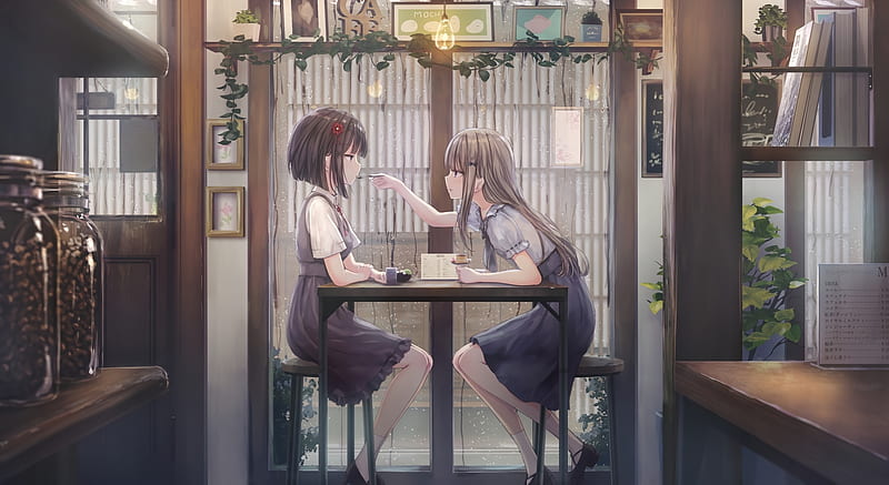 anime girls, friends, cafe, raining, profile view, cake, Anime, HD wallpaper