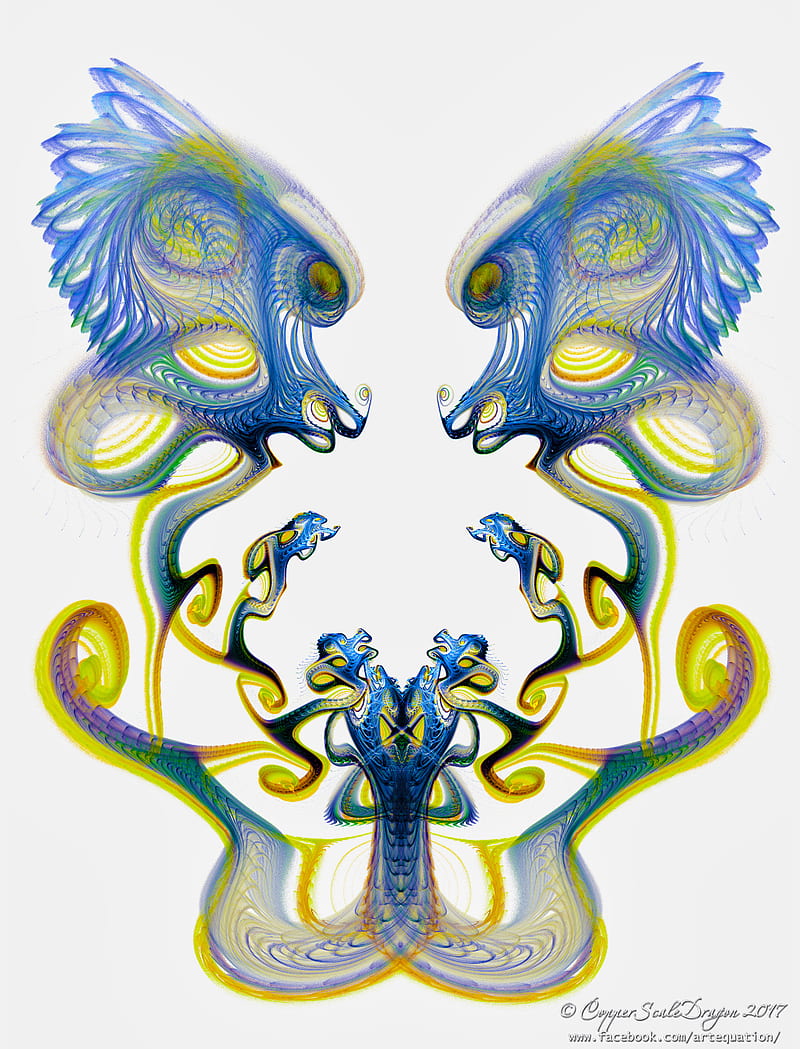 Dragonlings, abstract, blue, chaos, dragon, fractal, green, kisses, white, yellow, HD phone wallpaper