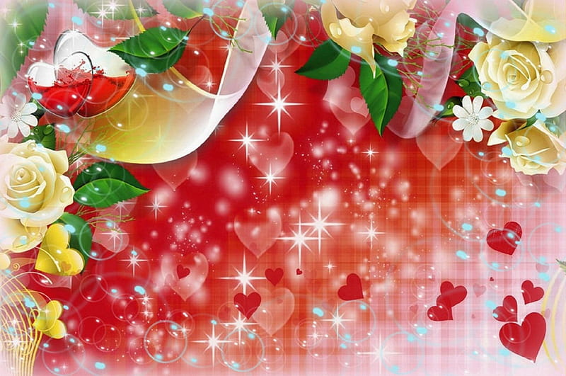 Sparkling Valentines, colorful, holidays, attractions in dreams, digital art, sweet, all hearts, love, bright, bubbles, flowers, blooms, sparkling, lovely, colors, love four seasons, creative pre-made, corazones, roses, collages, beloved valentines, HD wallpaper