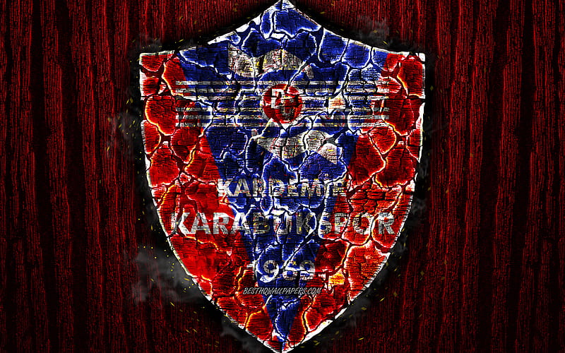Karabukspor, scorched logo, Turkish 1 Lig, red wooden background, turkish football club, TFF First League, Karabukspor FC, grunge, football, soccer, Karabukspor logo, fire texture, Turkey, HD wallpaper