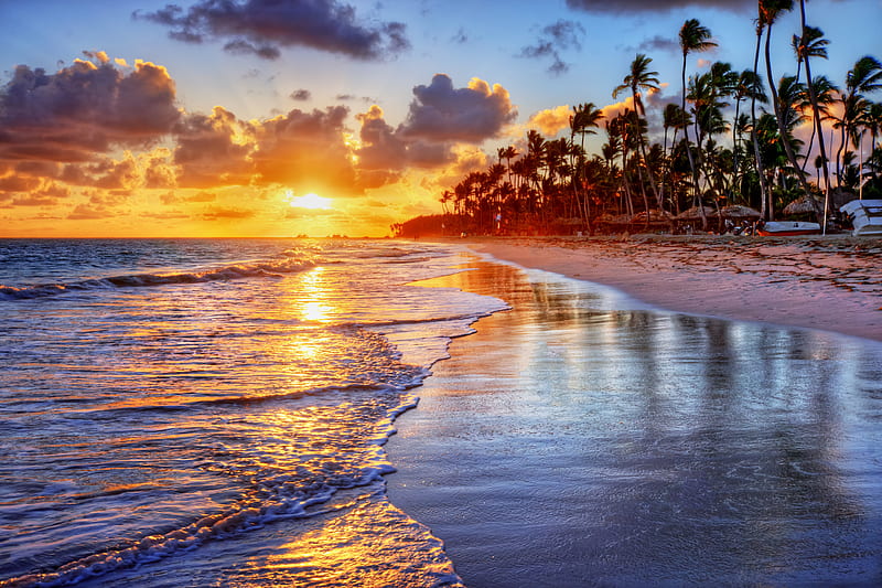 Bali, Indonesia, sun, water, reflection, sky, sea, palms, HD wallpaper