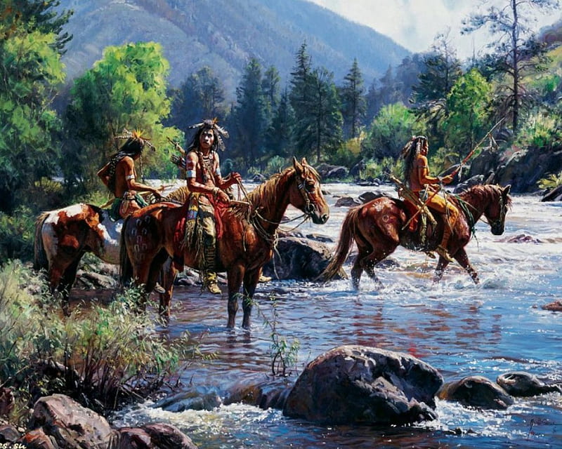 Native Americans, nature, river, riding, artwork, horses, HD wallpaper
