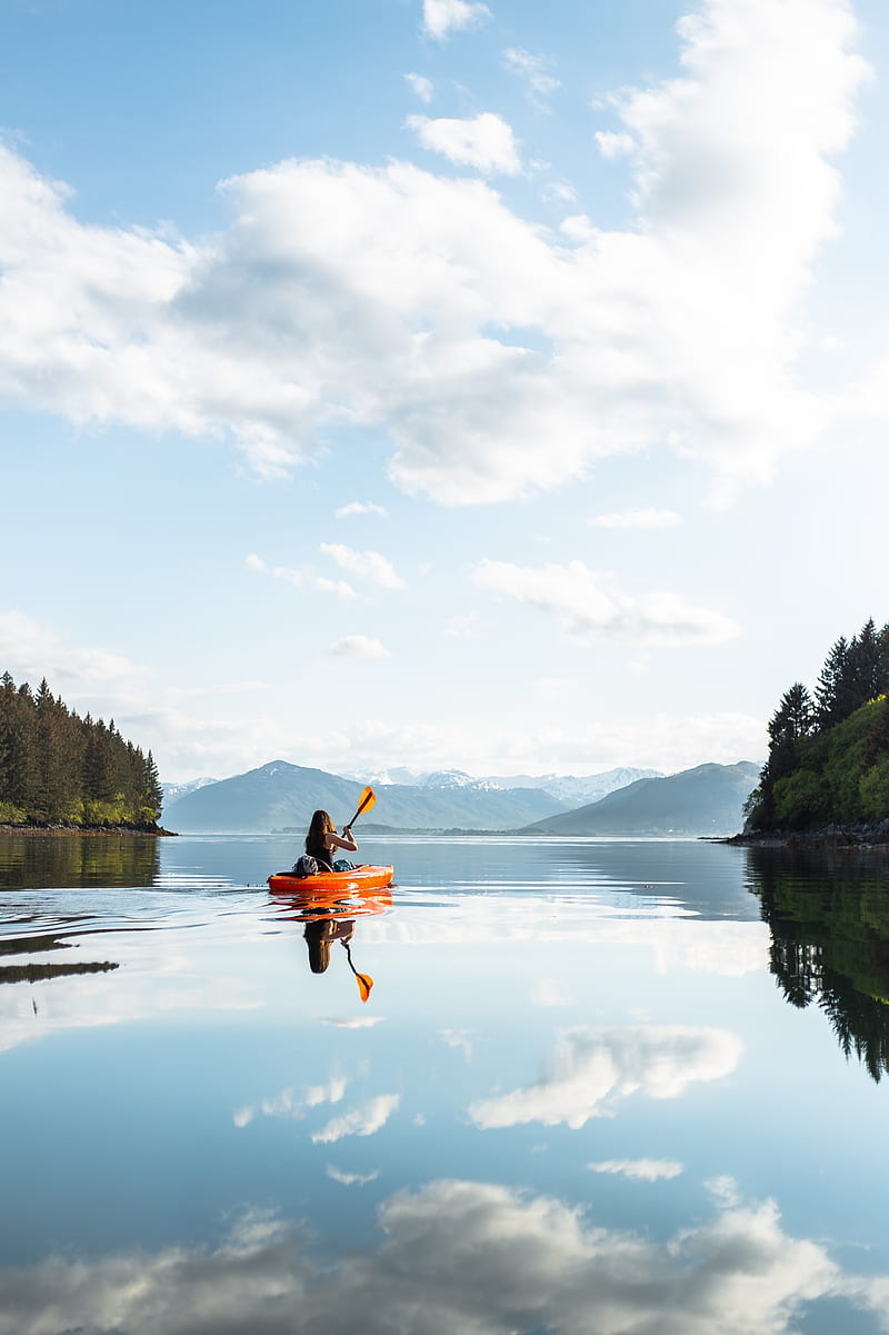 lake, mountains, landscape, portrait display, kayaks, HD phone wallpaper