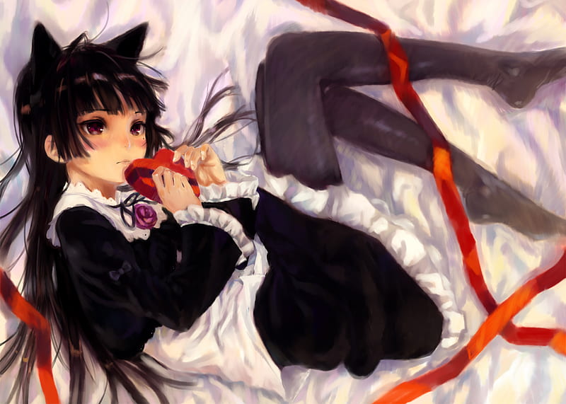 Cat in the bed, no, neko, imouto, ears, cargirl, cat, bed, ore, girl, kuroneko, anime, HD wallpaper