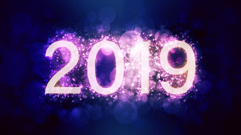 Happy New Year 2019, purple neon art, 2019 concepts, blue 2019 background, HD wallpaper