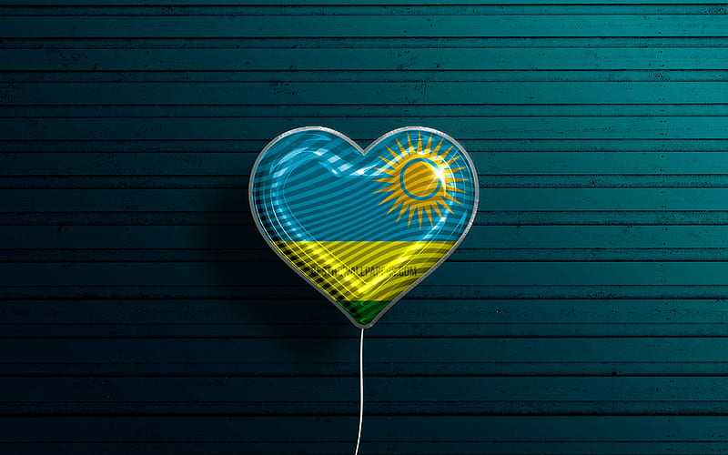 I Love Rwanda realistic balloons, blue wooden background, African countries, Rwandan flag heart, favorite countries, flag of Rwanda, balloon with flag, Rwandan flag, Rwanda, Love Rwanda, HD wallpaper