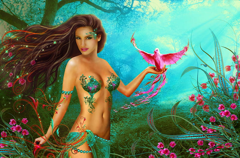 Paradisial Bird, pretty, art, fantasy, girl, bird, digital, pink, fairy, bonito, HD wallpaper