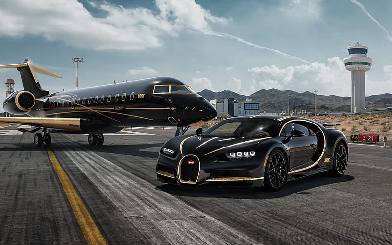 Bugatti Chiron, black supercar, hypercar, tuning Chiron, Bombardier Global 5000, Private Jet, HD wallpaper