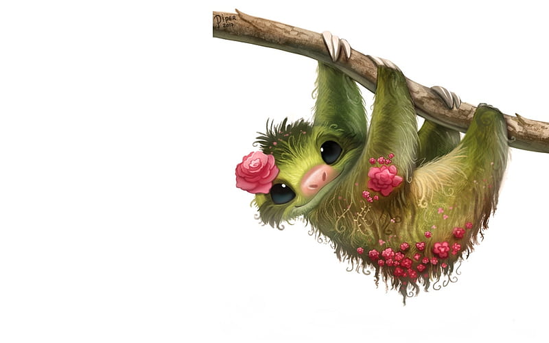 Sloth butts roses, cute, sloth, green, rose, piper thibodeau, flower, pink, animal, HD wallpaper