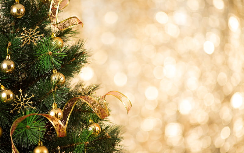 Golden Christmas balls, New Year, Christmas tree, Happy New Year, Christmas golden background, HD wallpaper