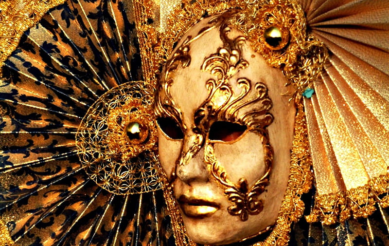 Golden mask, orange, golden, yellow, venice carnival, mask, HD wallpaper
