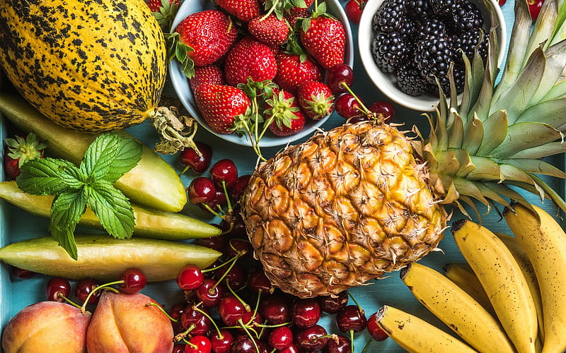 fruits, healthy food, pineapple, blackberries, strawberries, cherries, bananas, peaches, HD wallpaper