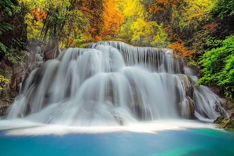 Waterfalls, Waterfall, Fall, , Erawan National Park, Erawan Waterfall, HD wallpaper