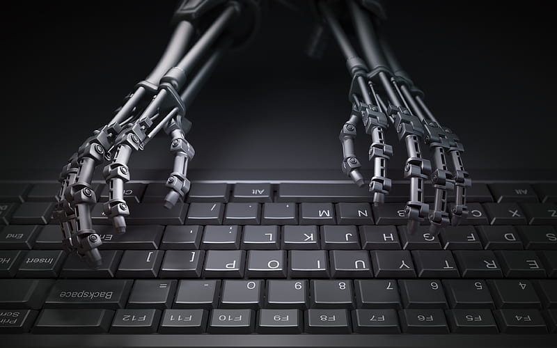 hands on keyboard exoskeleton, darkness, computer typing, 3D art, black keyboard, HD wallpaper