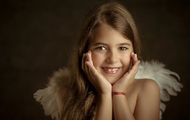 Angel, wings, little angels, smile, cute, girl, feather, Inaira, child, white, HD wallpaper