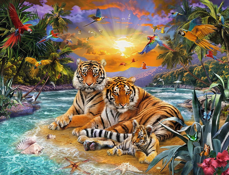 Tigers at sunset, luminos, tiger, parrot, cat, animal, fantasy, water, big, bird, summer, pasari, tigru, pisica, HD wallpaper