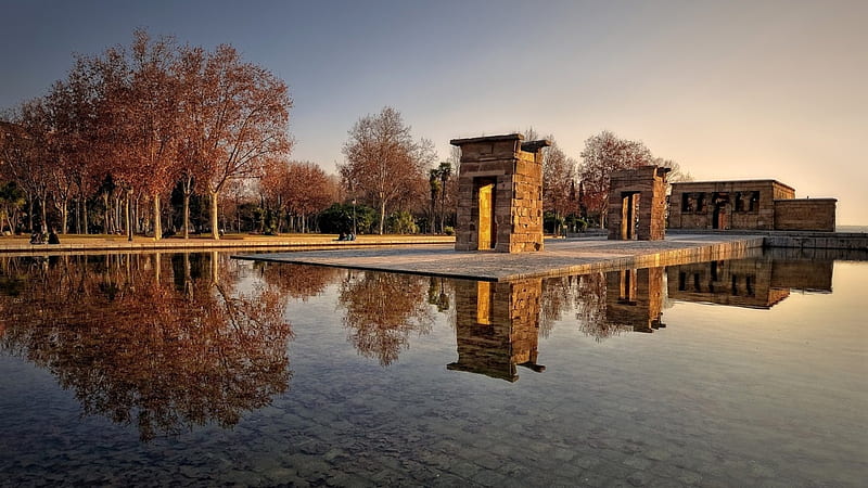 egyptian temple of debod in madrid, ancient, stone, temple, reflection, pool, HD wallpaper