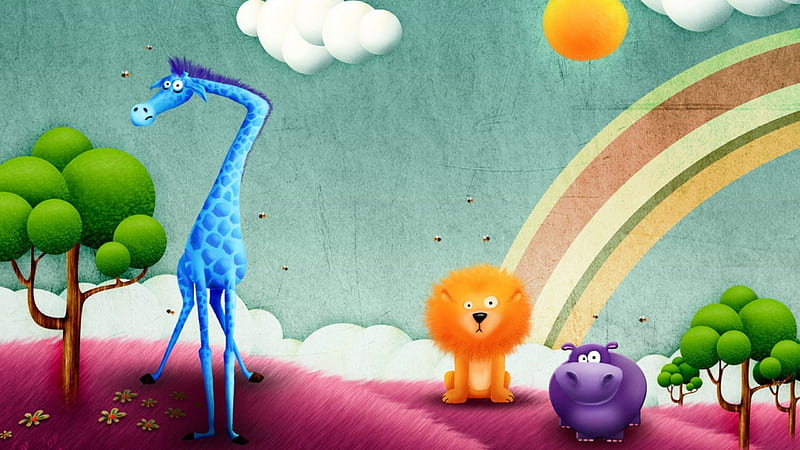 The giraffe, the lion and the hippopotamus, orange, hippopotamus, rainbow, lion, animal, fantasy, green, purple, giraffe, pink, blue, HD wallpaper