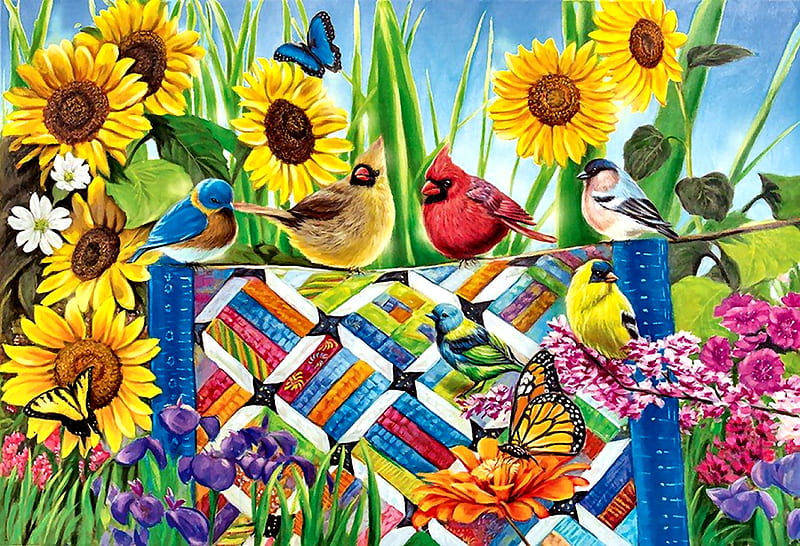 Quilting Birds F, art, quilts, bonito, butterflies, illustration, artwork, bluebird, animal, bird, sunflowers, avian, painting, wide screen, wildlife, flowers, cardinal, HD wallpaper