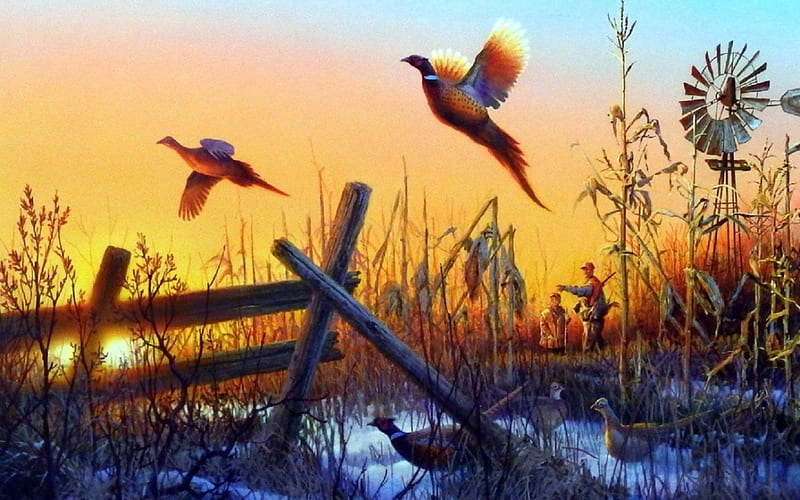 Hunting Season's End, fall, draw and paint, autumn, love four seasons, attractions in dreams, paintings, hunting, pheasants, animals, HD wallpaper