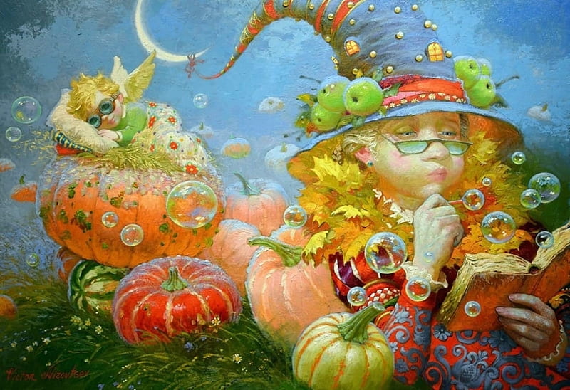 Grandmother's fairytales, pumpkin, painting, childhood, pictura, victor nizovtsev, grandmother, art, orange, halloween, fairytale, hat, HD wallpaper