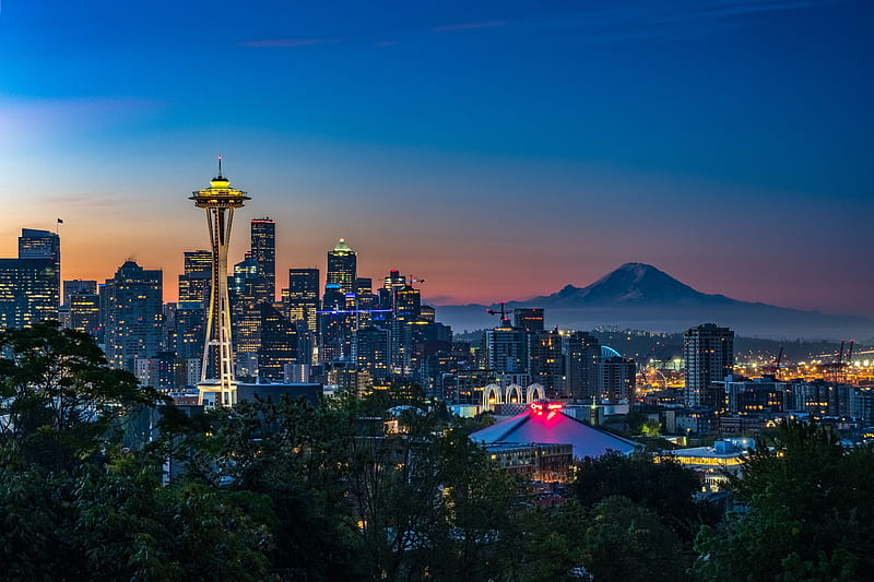 Kerry Park Seattle United States , kerry-park, cityscape, volcano, neon, graphy, HD wallpaper