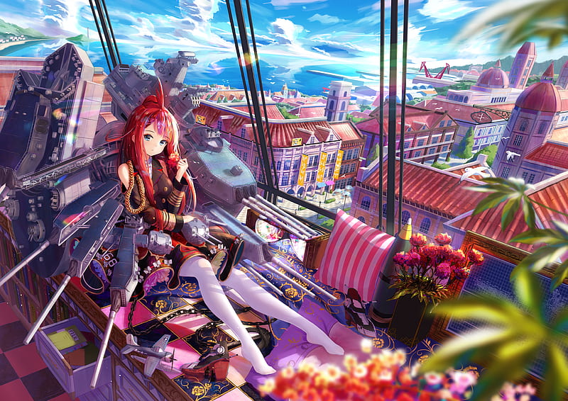 pretty anime girl, redhead, anime cityscape, clouds, scenery, Anime, HD wallpaper