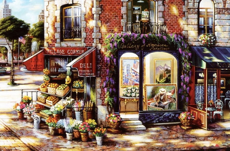 Village Corner, shop, restaurant, painting, flowers, street, artwork, flag, HD wallpaper