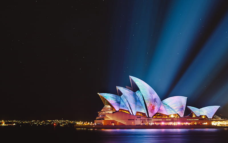 Sydney Opera House, nightscapes, floodlights, panorama, Sydney, Australia, HD wallpaper