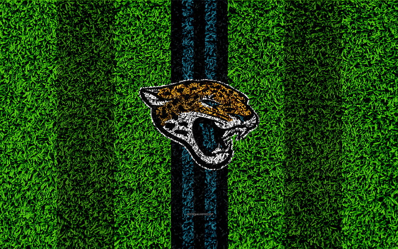 Jacksonville Jaguars, logo grass texture, emblem, football lawn, black blue lines, National Football League, NFL, Jacksonville, Florida, USA, American football, HD wallpaper