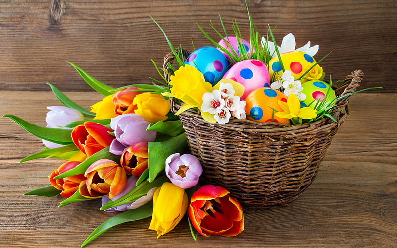 Happy Easter Easter basket, tulips, easter eggs, easter decoration, Easter, HD wallpaper