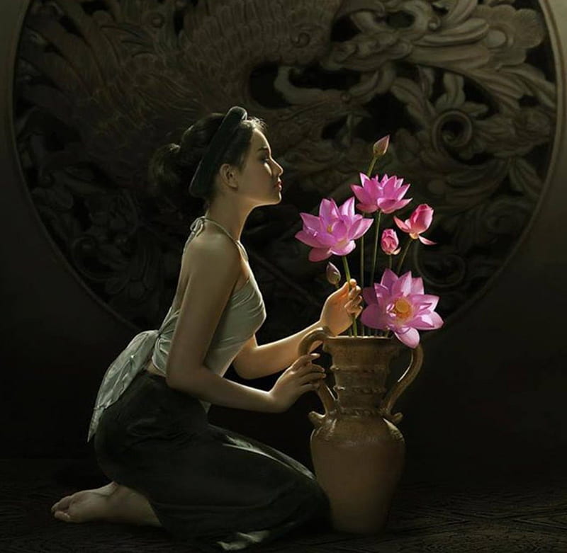 Beauty for Sweet Sweetwitchy, art, lotus, oriental, vase, asian, beauty, HD wallpaper