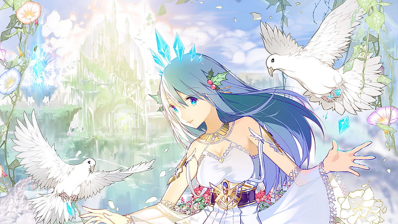 Blue Eyes Anime Girl With White Dress And White Pigeons Anime Girl, HD wallpaper