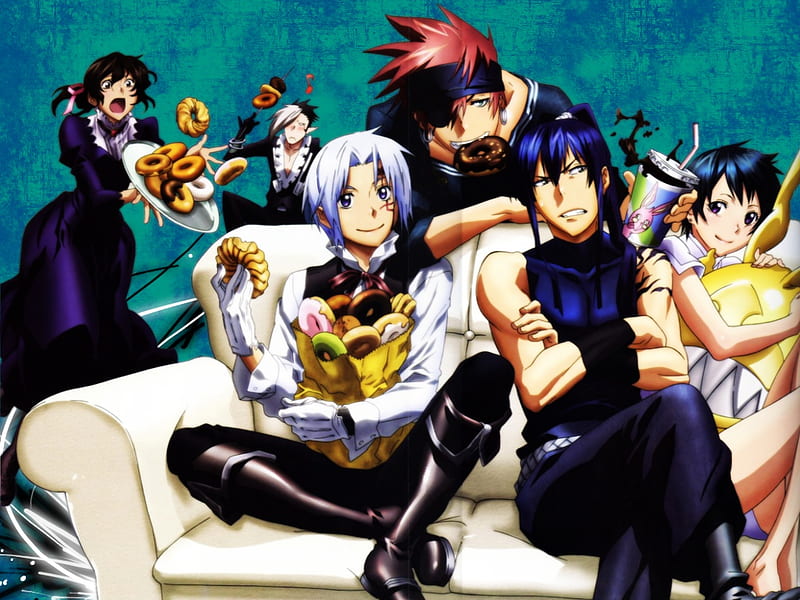 A Day at Home, family, colorful, miranda, lavi, tim campy, home, rainbow, d gray man, cookies, lenali, anime, couch, allen, kanda, friends, snacks, HD wallpaper