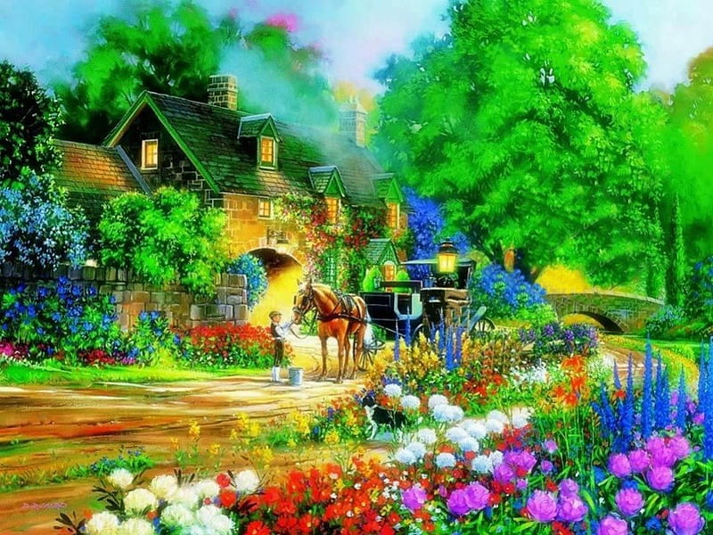 Beautiful Cottage, colorful flowers, house, grass, cottage, bushes, bucket, bridge, painting, evening, light, green foliage, puppy, little boy, horse cart, lovely, trees, horse, roads, peaceful, blossoms, blue sky, HD wallpaper